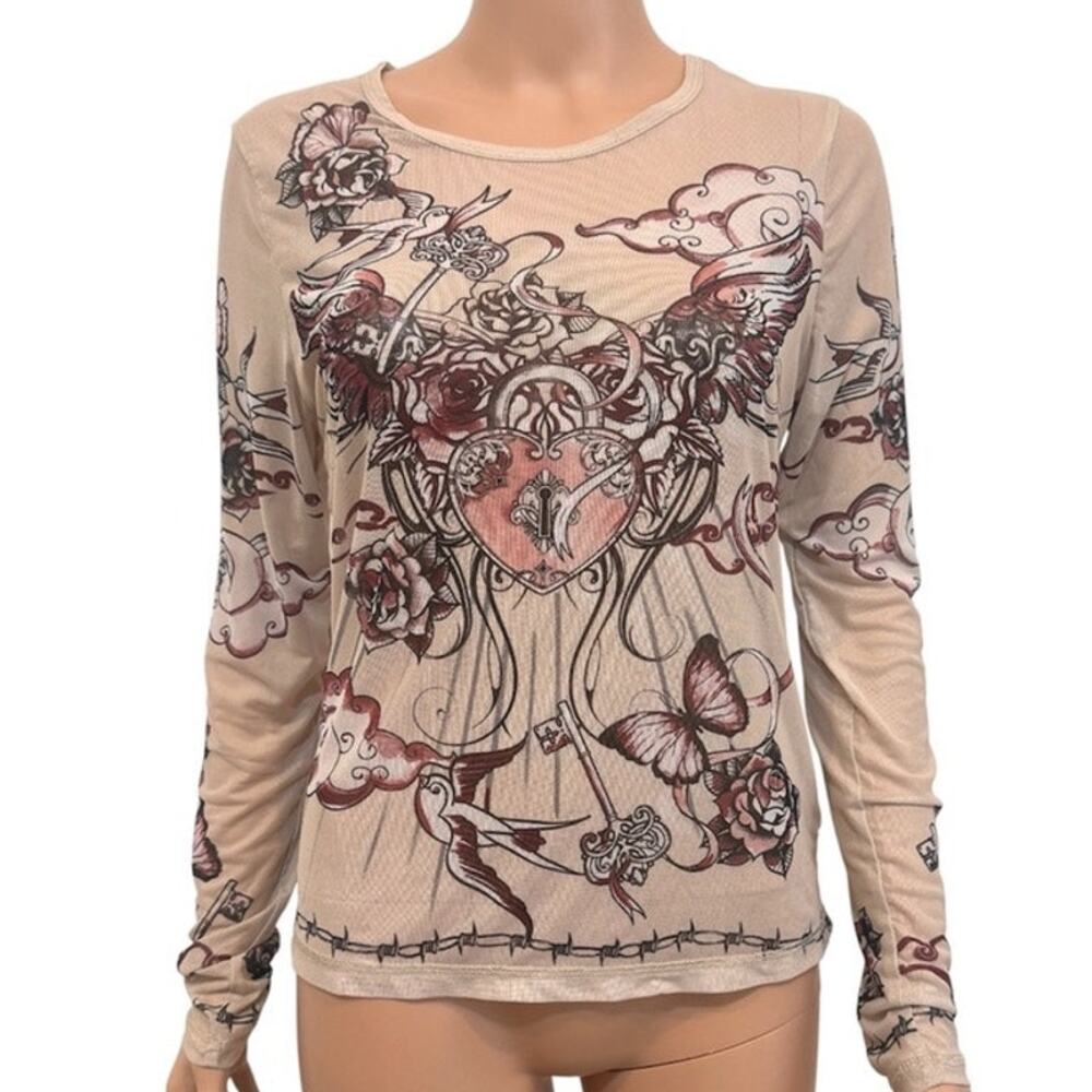 large sheer mesh graphic heart rose tattoo top TB 3631